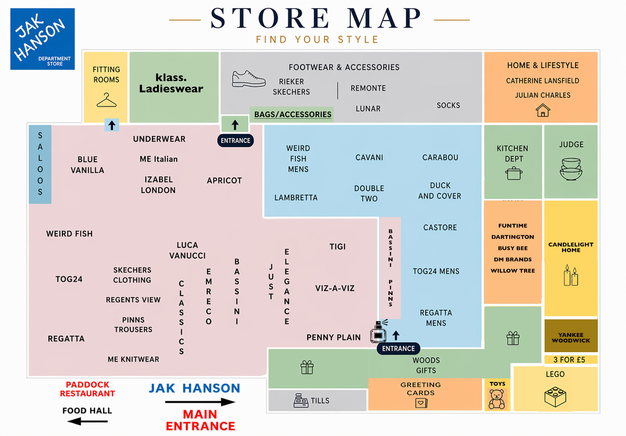 JAK Hanson Shopping Outlet store map showing departments, entrances, tills, Food Hall and The Paddock Restaurant