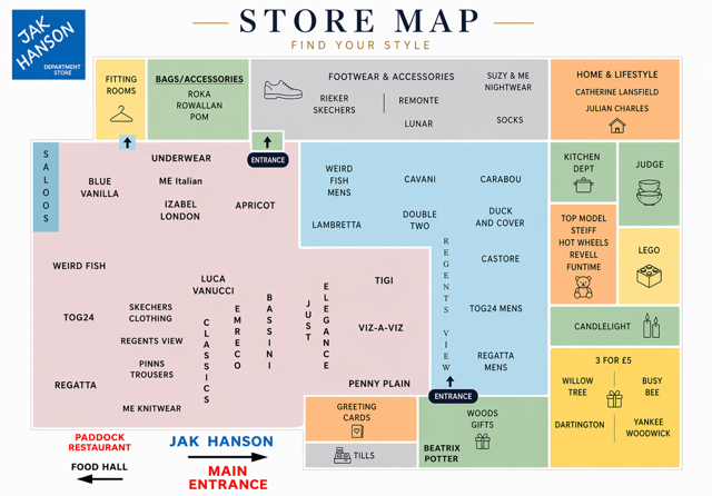 JAK Hanson Shopping Outlet store map showing departments, entrances, tills, Food Hall and The Paddock Restaurant